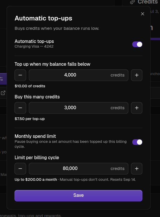 The Automatic top-ups settings with a trigger, an amount, and a monthly spend limit