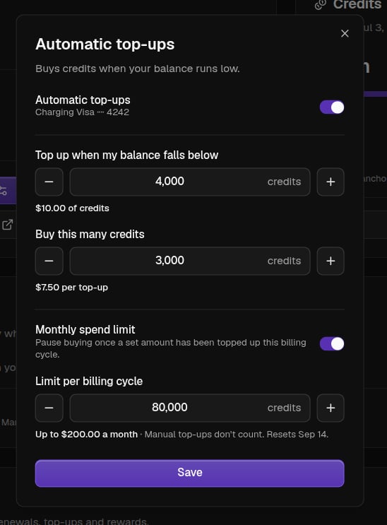 The Automatic top-ups settings with a trigger, an amount, and a monthly spend limit