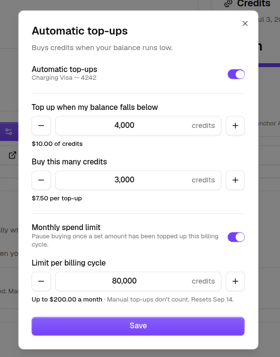 The Automatic top-ups settings with a trigger, an amount, and a monthly spend limit
