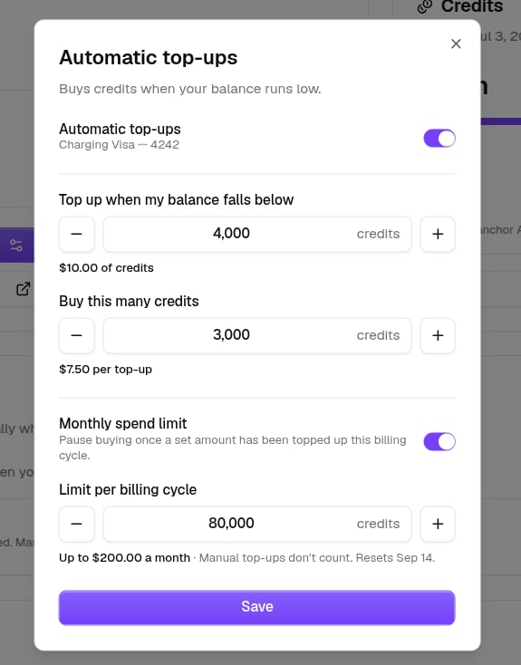 The Automatic top-ups settings with a trigger, an amount, and a monthly spend limit