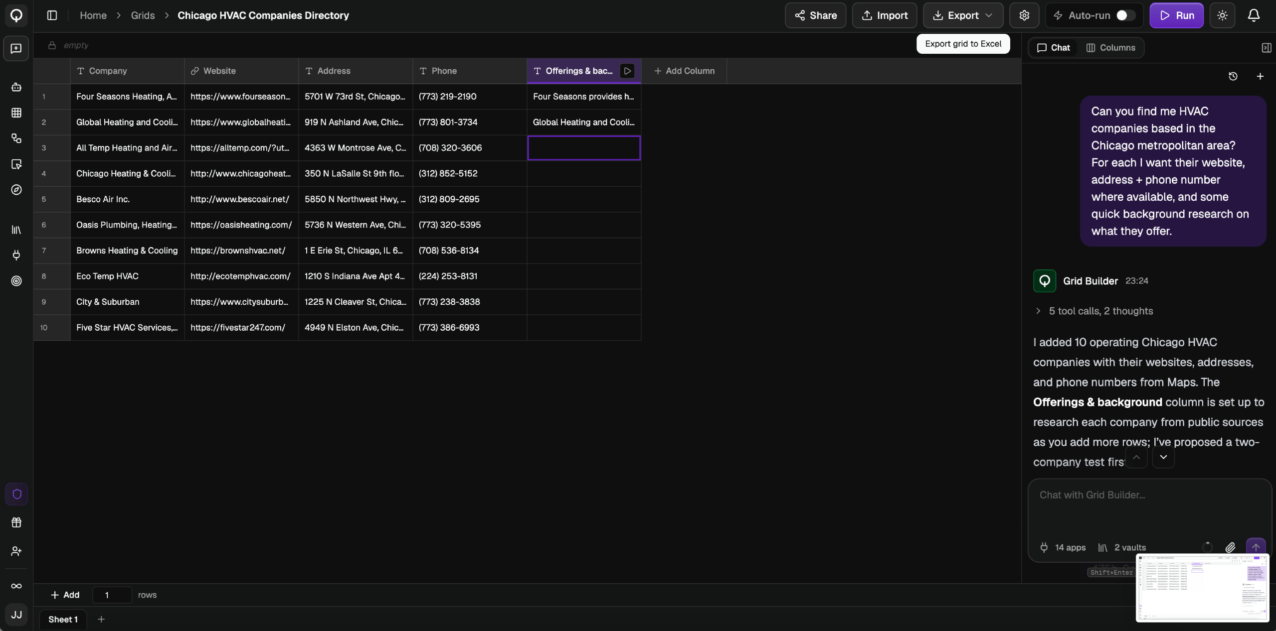 The grid editor's Chat tab with the grid it built and its steps