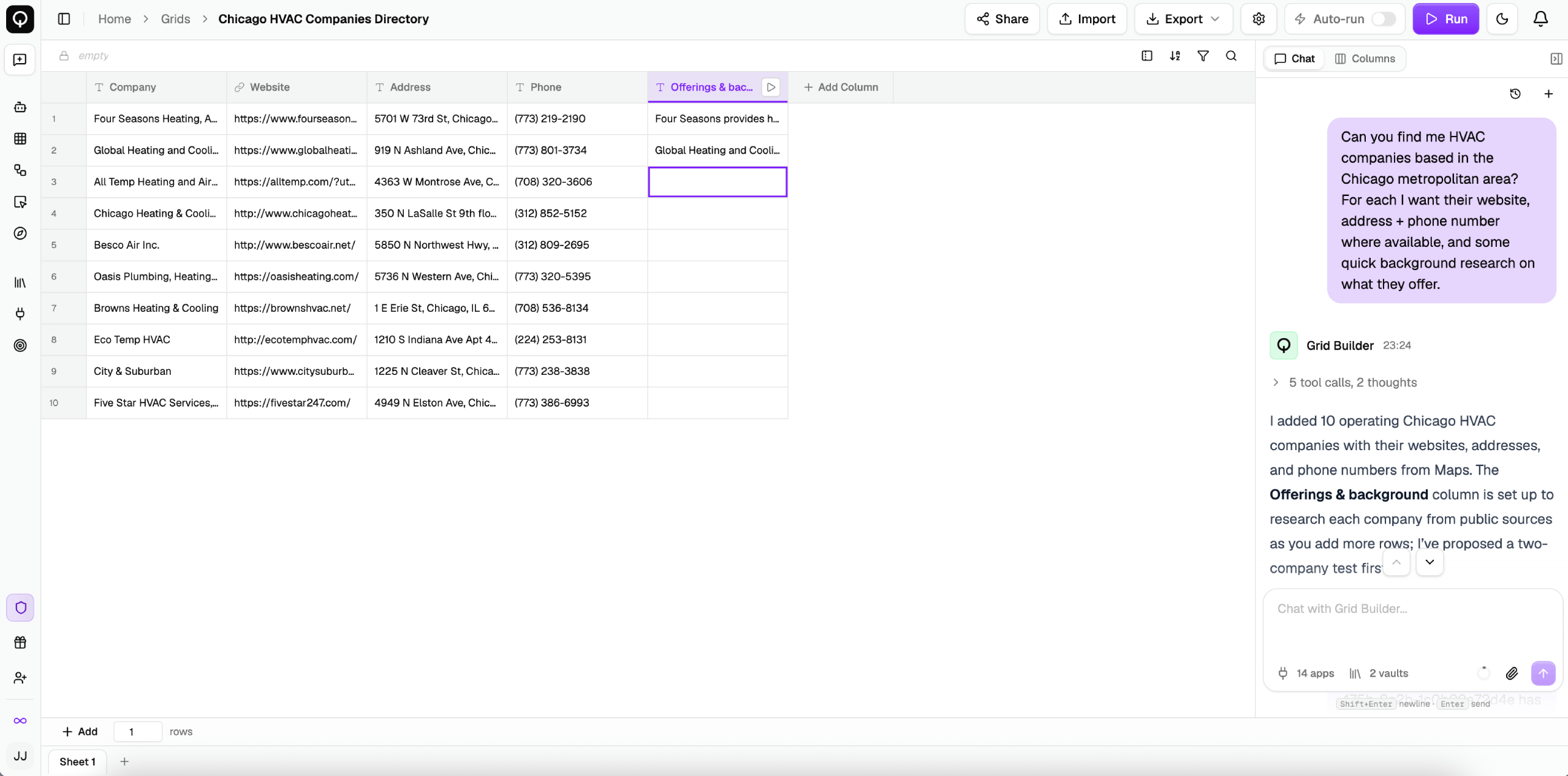 The grid editor's Chat tab with the grid it built and its steps
