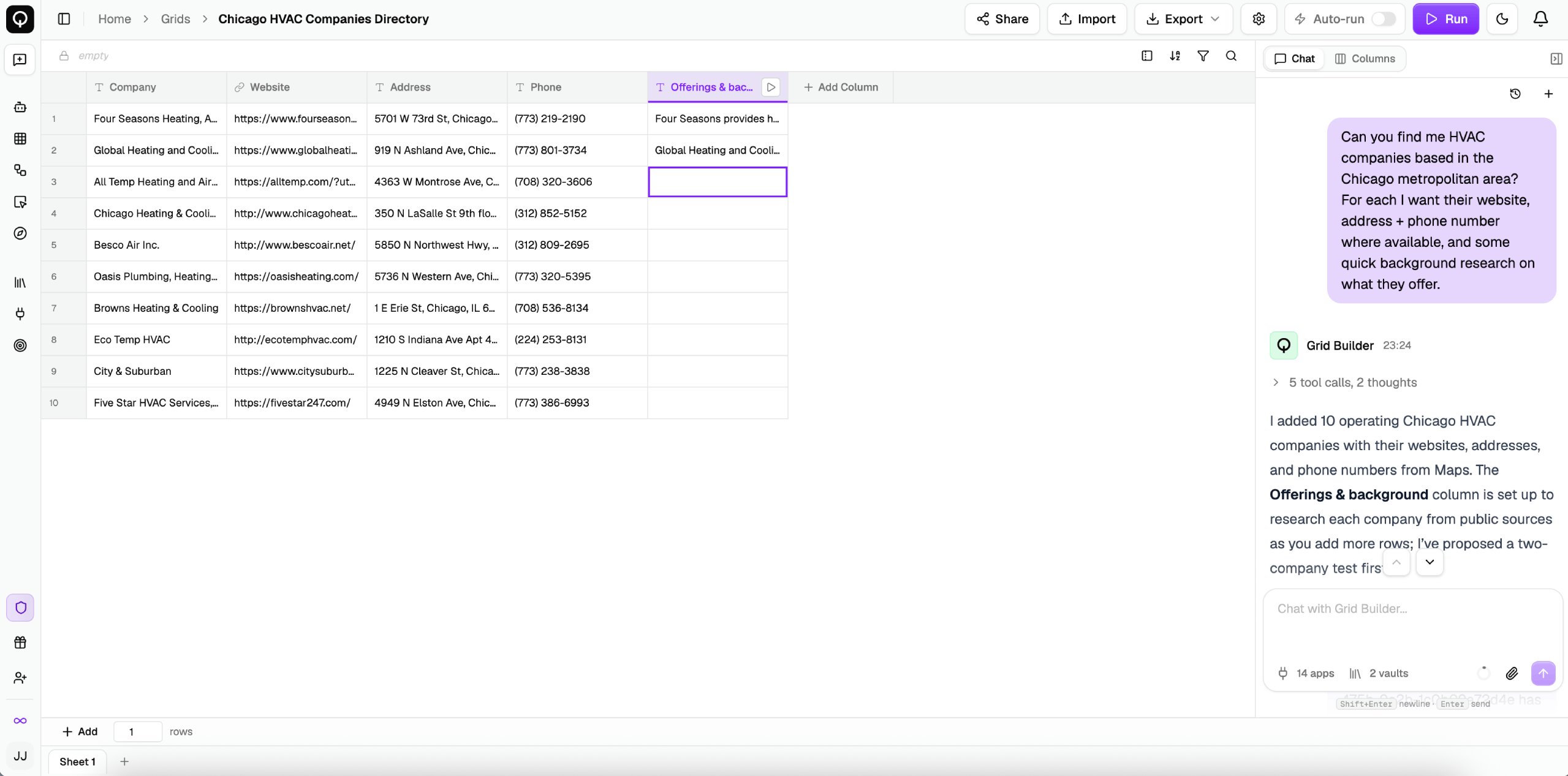 The grid editor's Chat tab with the grid it built and its steps