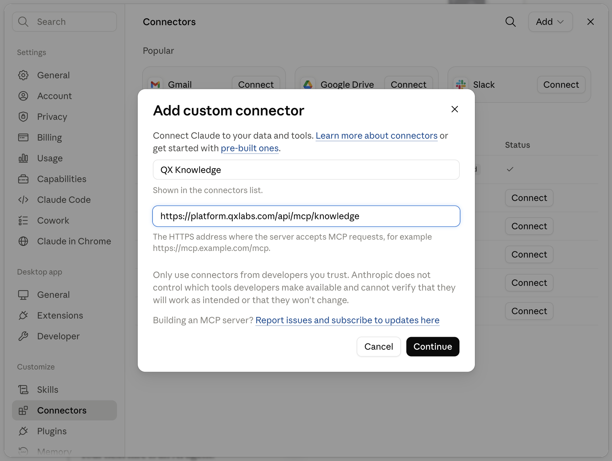 The custom connector dialog in Claude