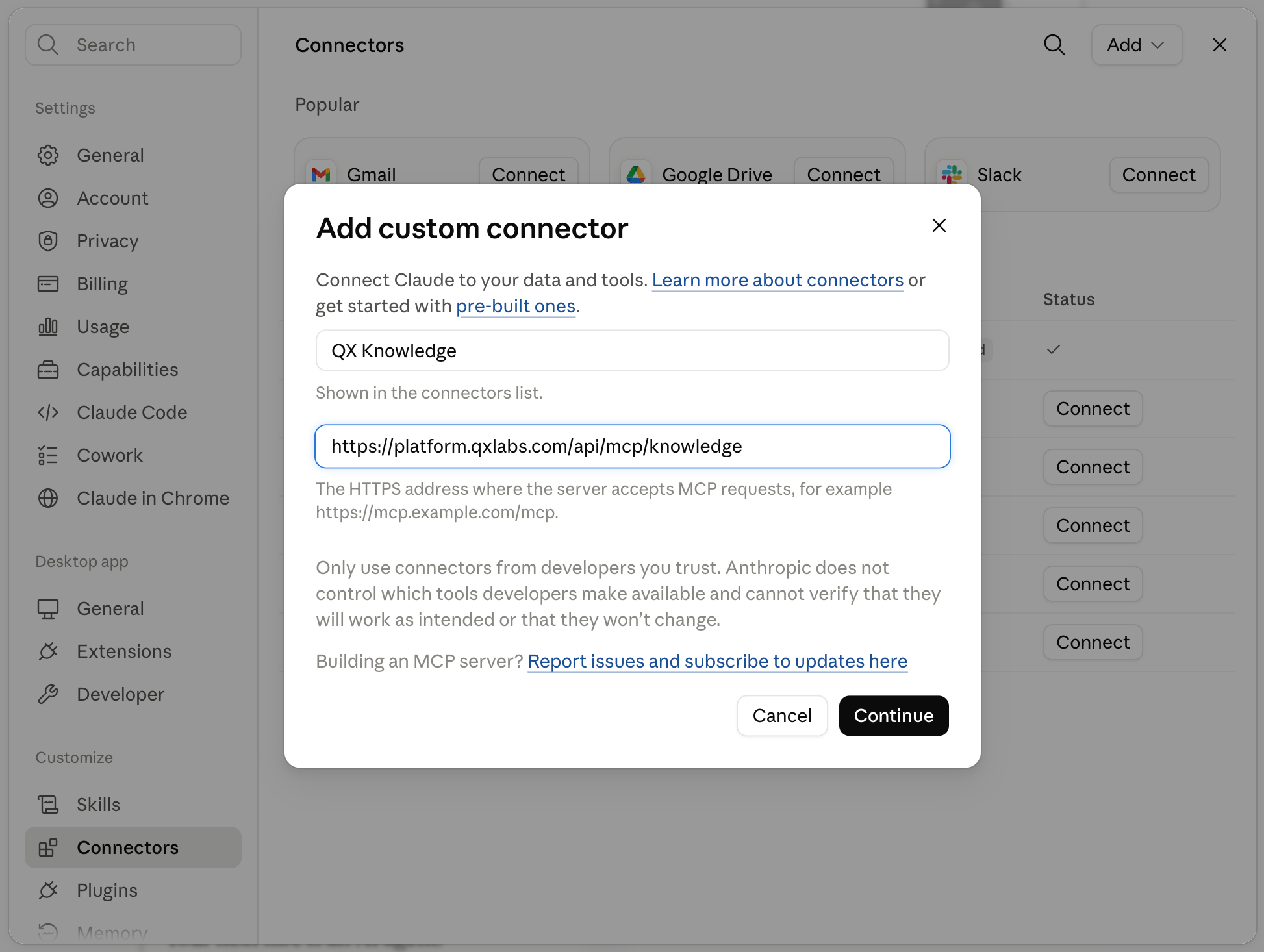 The custom connector dialog in Claude