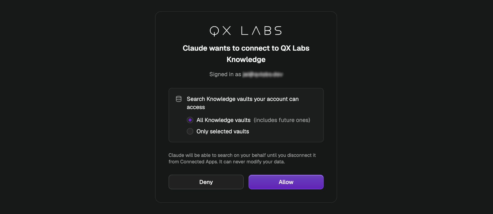 The QX consent screen asking which vaults to share with the connecting app