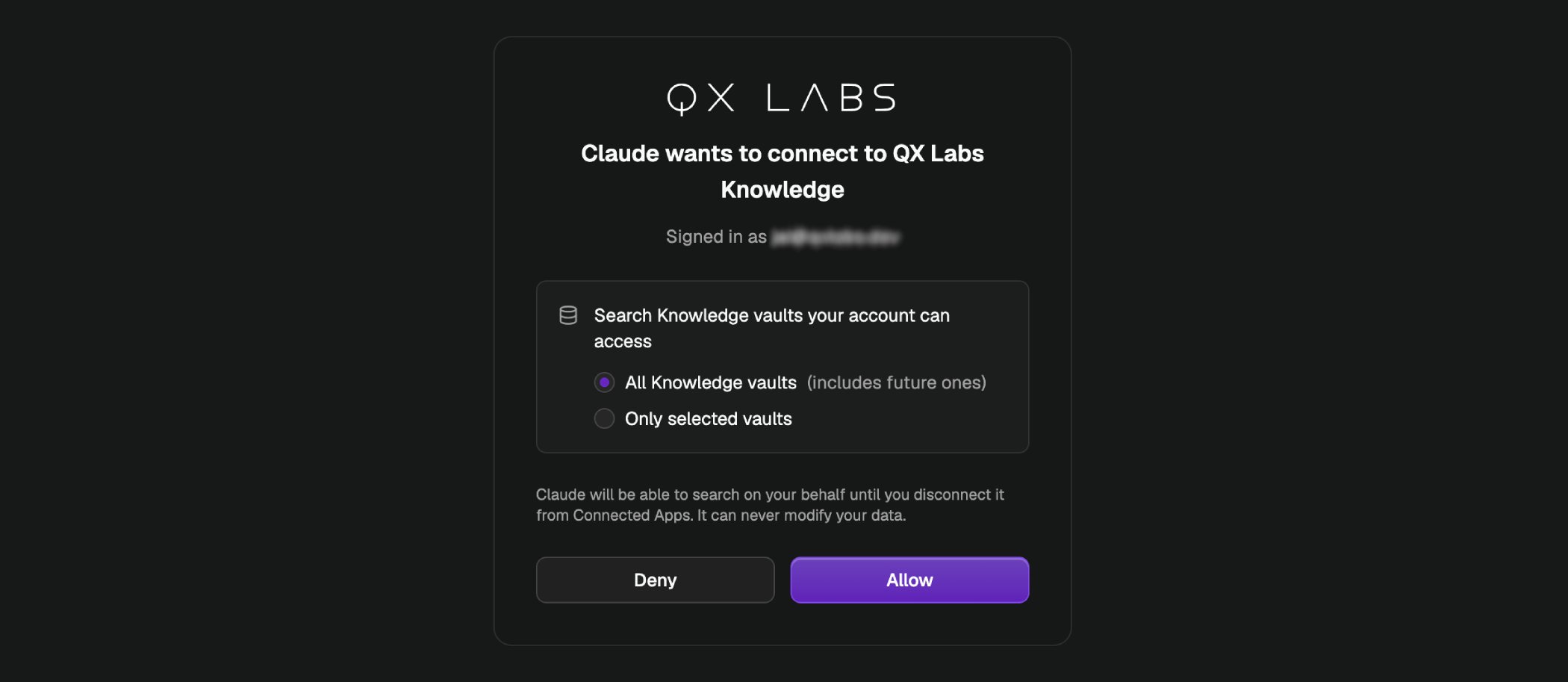 The QX consent screen asking which vaults to share with the connecting app