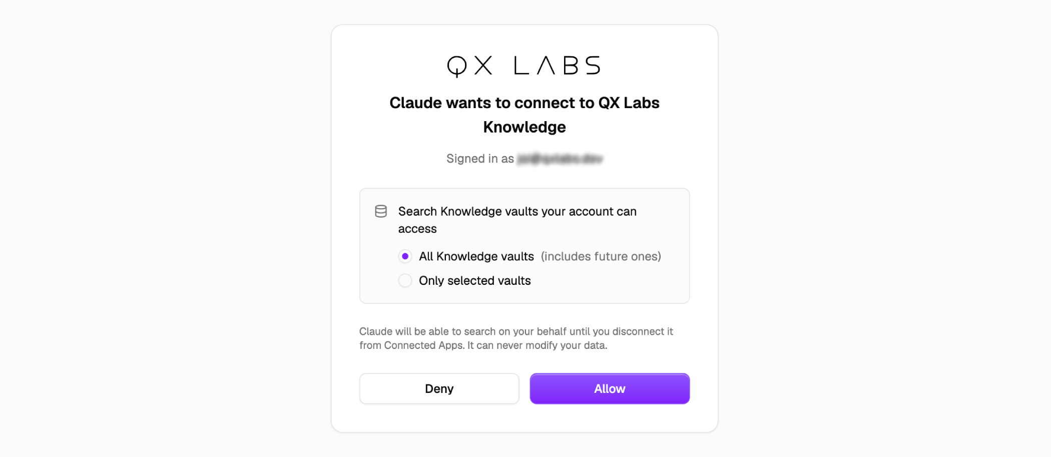 The QX consent screen asking which vaults to share with the connecting app
