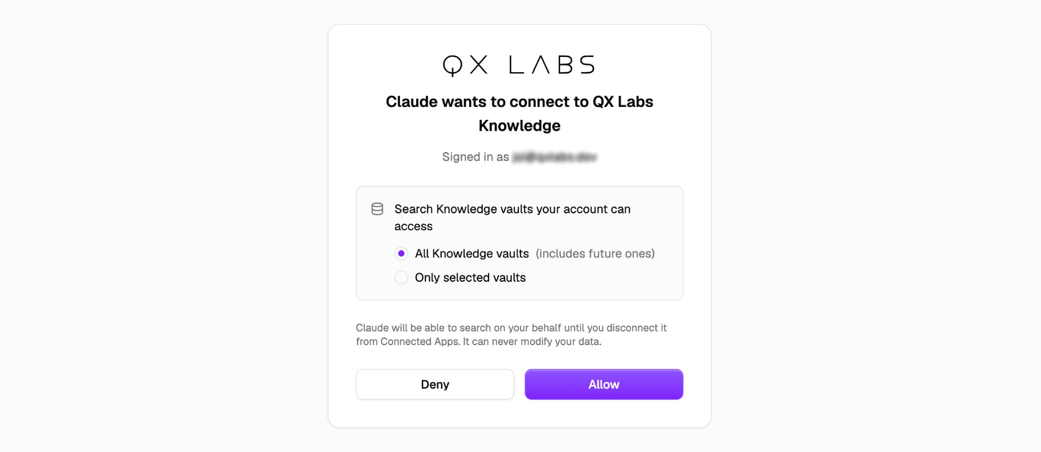 The QX consent screen asking which vaults to share with the connecting app