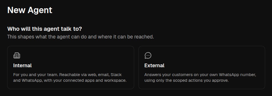 The New Agent page asking who the agent will talk to, with Internal and External options