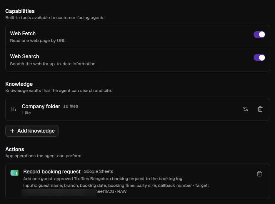 The agent editor's Capabilities, Knowledge, and Actions sections for an external agent