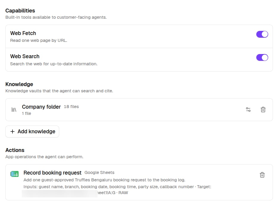 The agent editor's Capabilities, Knowledge, and Actions sections for an external agent