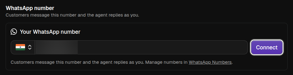 The agent editor's WhatsApp number section with a number typed in and a Connect button