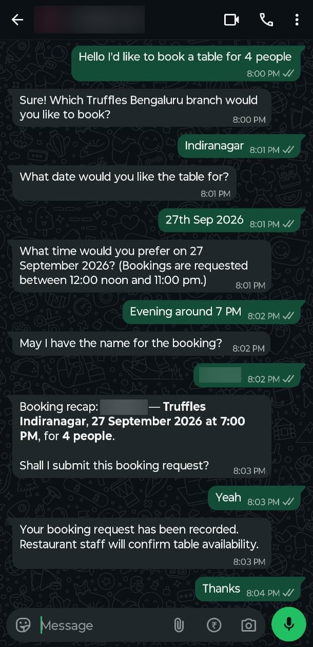 A WhatsApp chat where a customer books a table and the agent confirms it