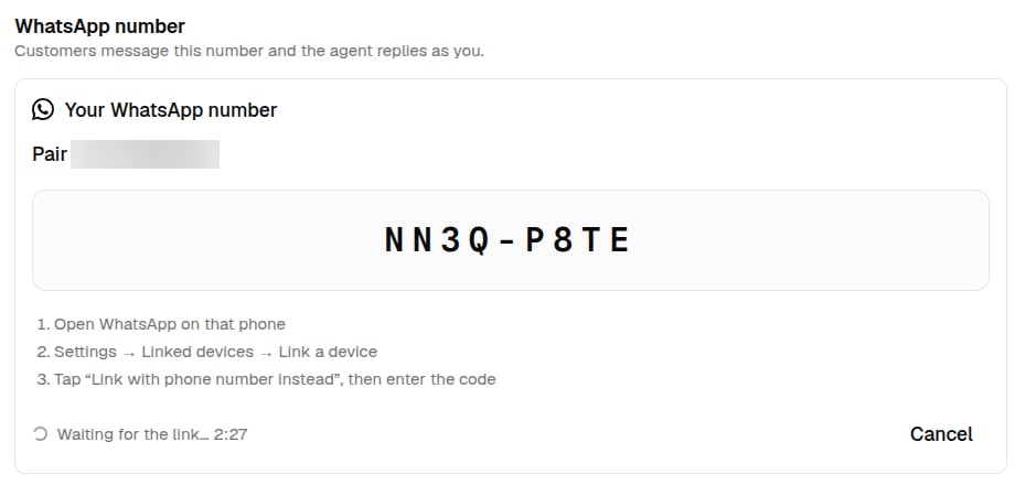 The WhatsApp number section showing a pairing code, the steps to enter it on the phone, and a countdown