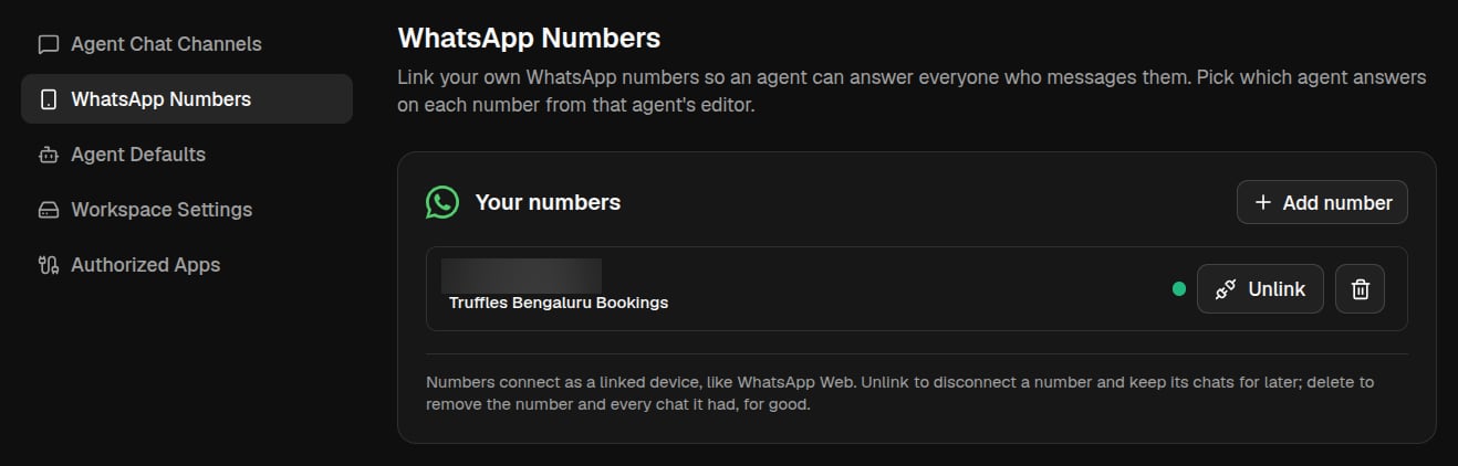Settings, WhatsApp Numbers, listing a connected number with its agent and the Unlink and Delete buttons