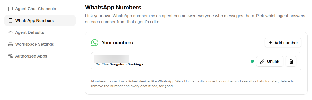 Settings, WhatsApp Numbers, listing a connected number with its agent and the Unlink and Delete buttons