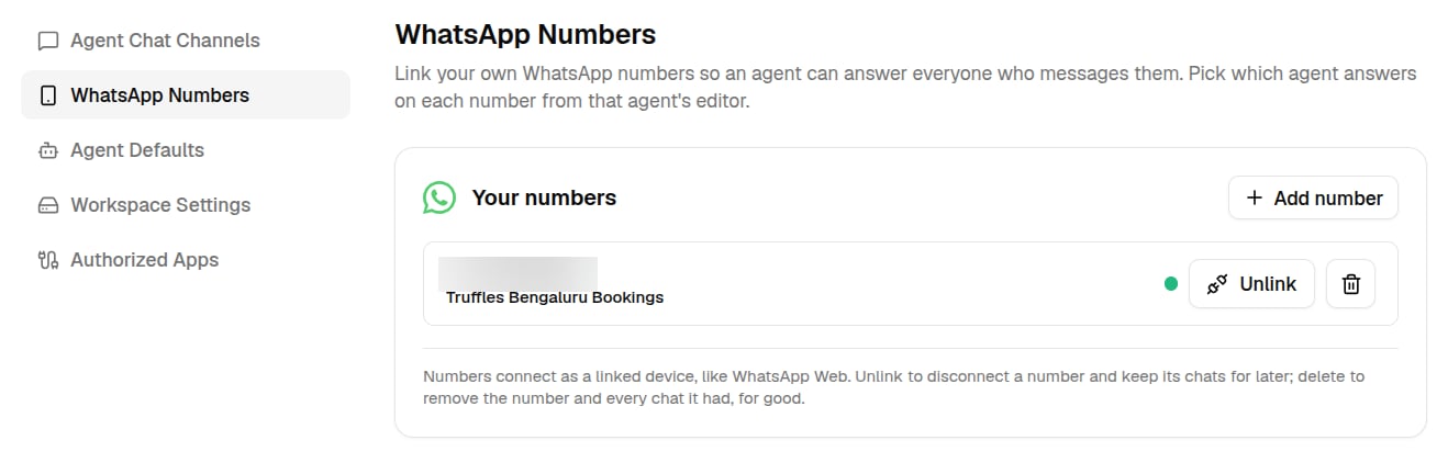 Settings, WhatsApp Numbers, listing a connected number with its agent and the Unlink and Delete buttons