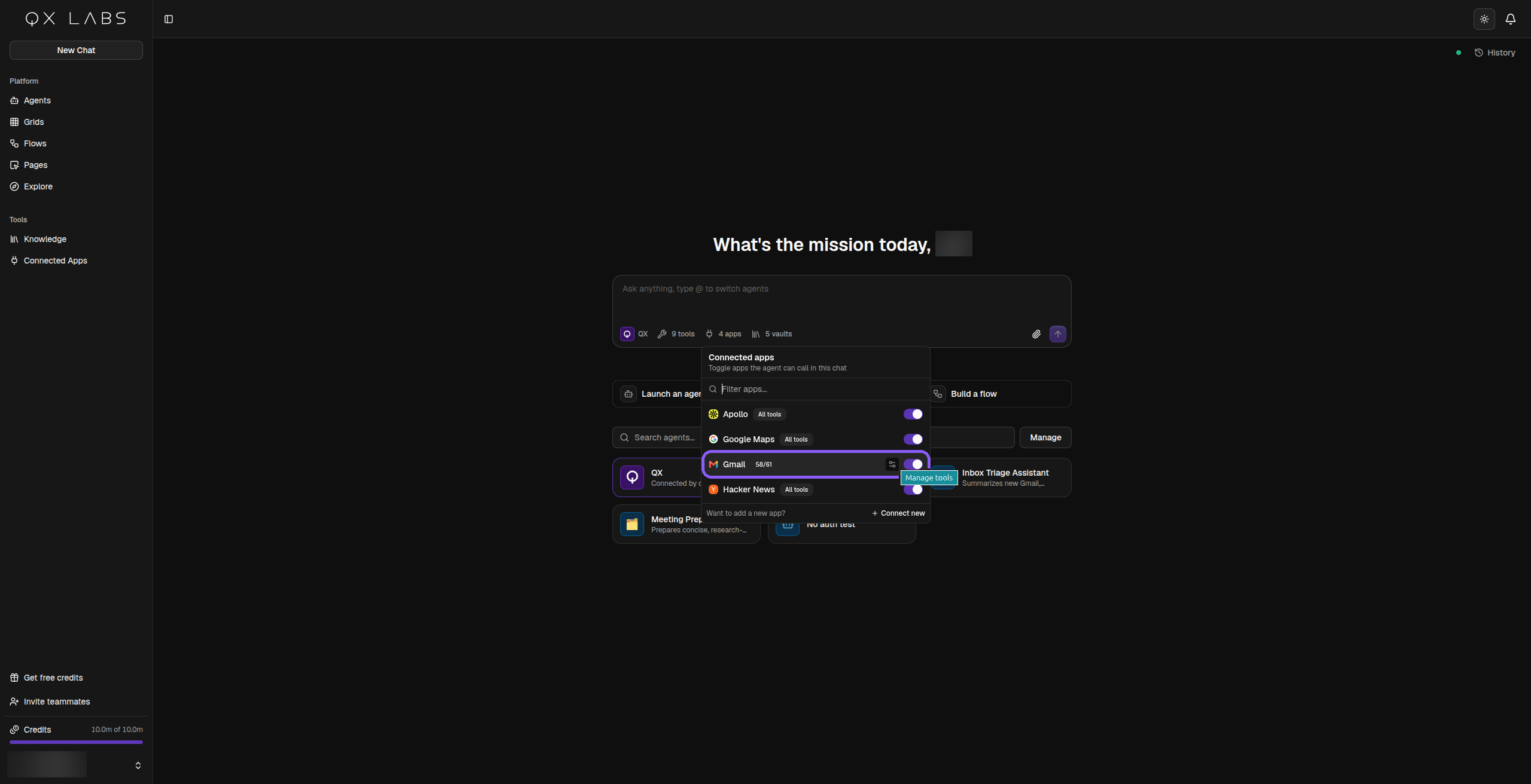 The chat composer's connected apps popover with the Gmail tools button highlighted