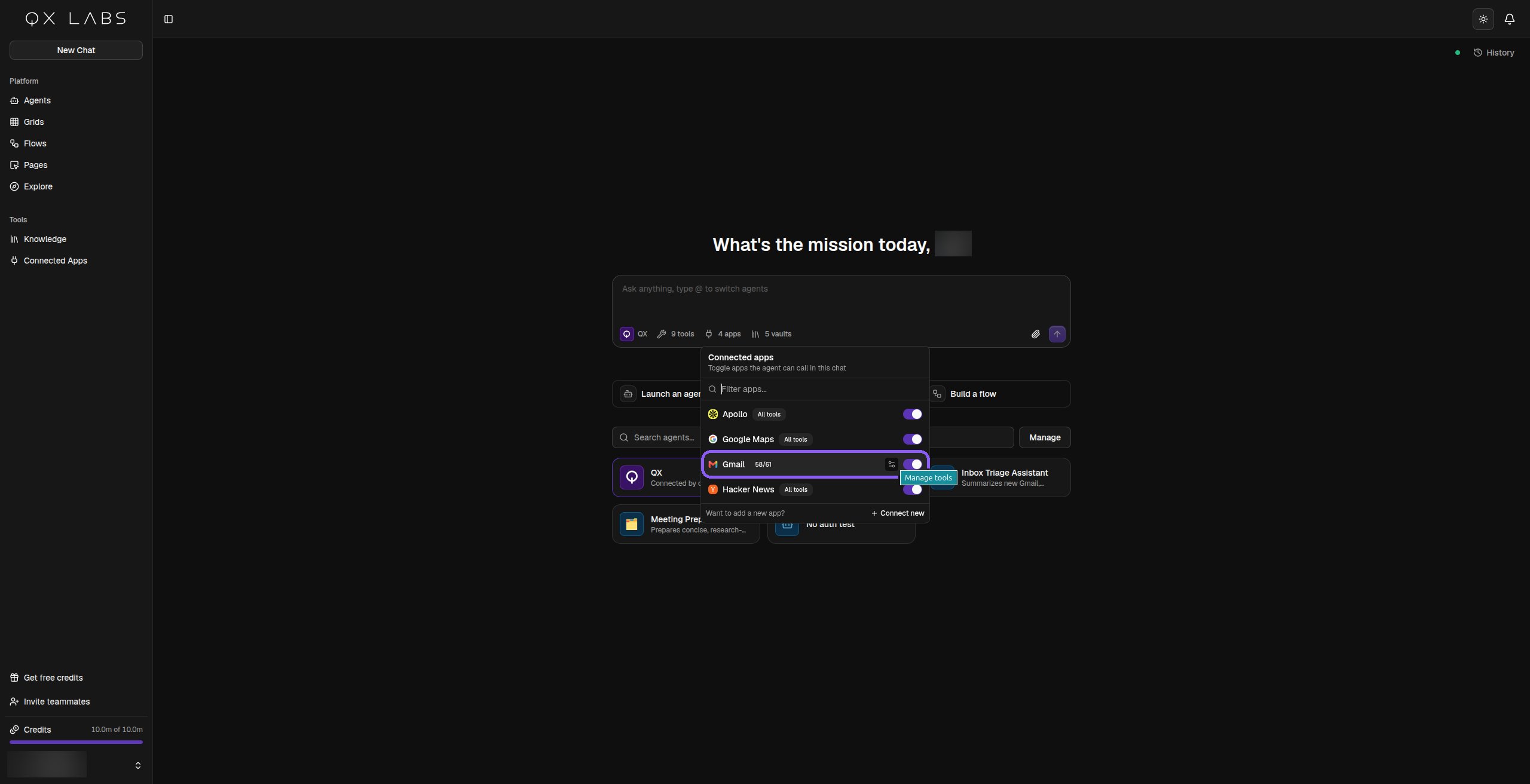 The chat composer's connected apps popover with the Gmail tools button highlighted
