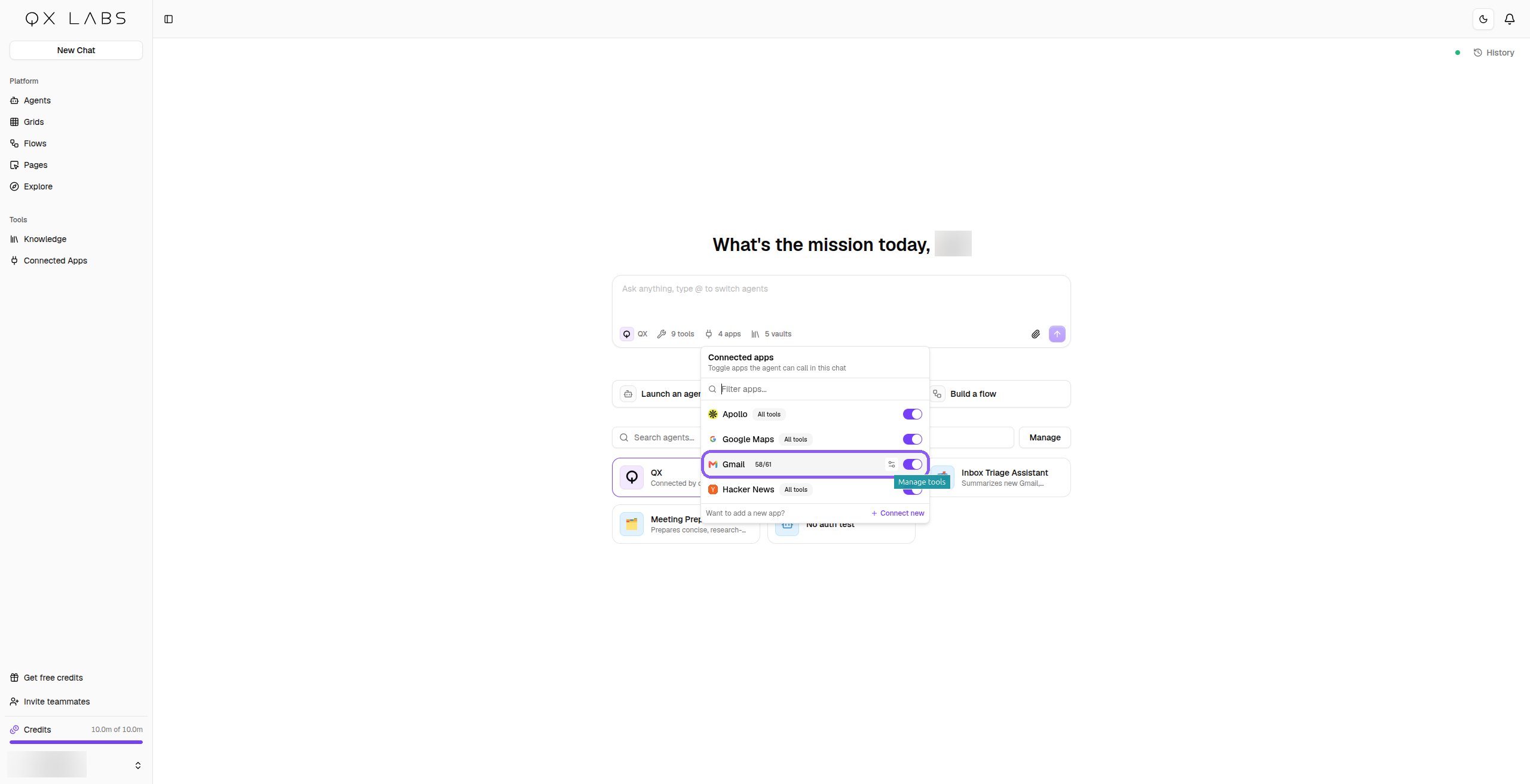 The chat composer's connected apps popover with the Gmail tools button highlighted