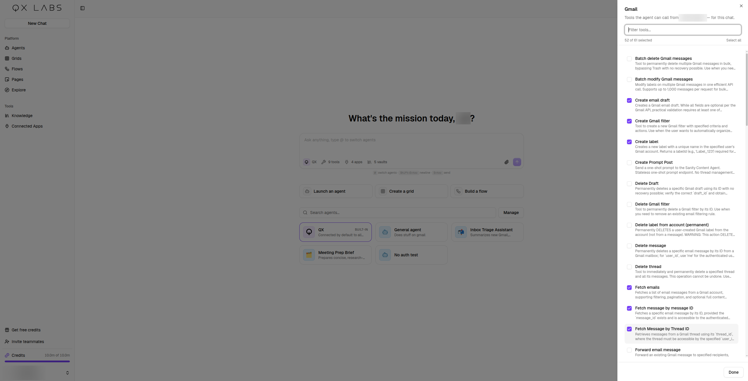 Choosing the Gmail tools the agent can call in this chat