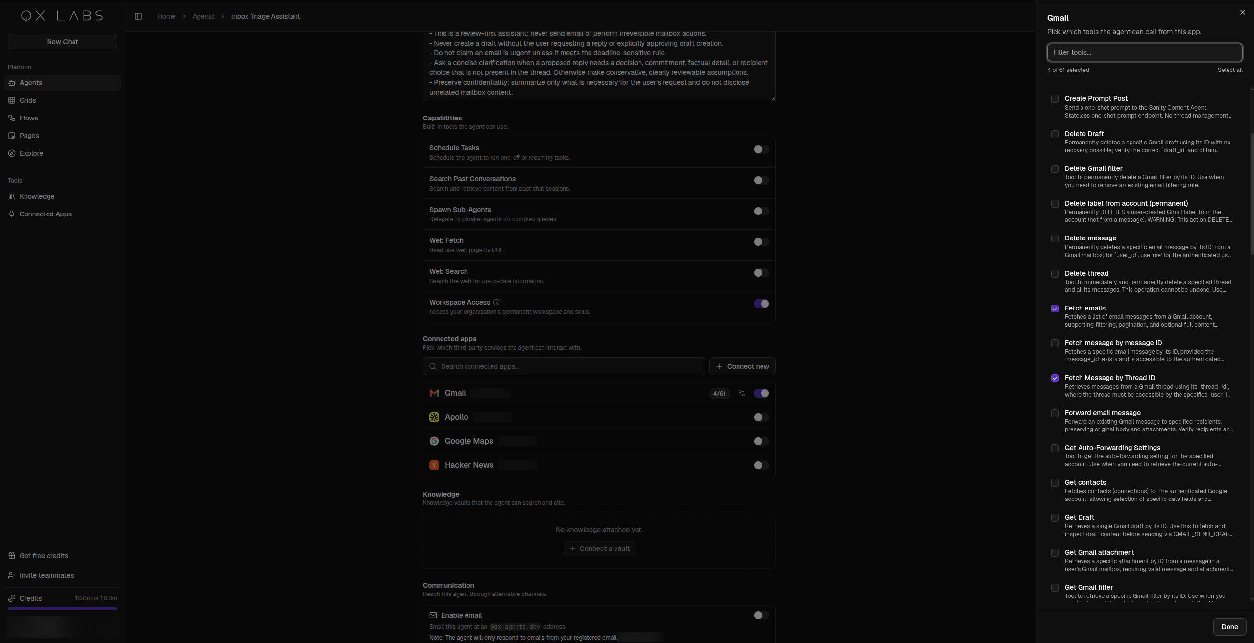 Adjusting an agent's app tools and knowledge scope in the editor