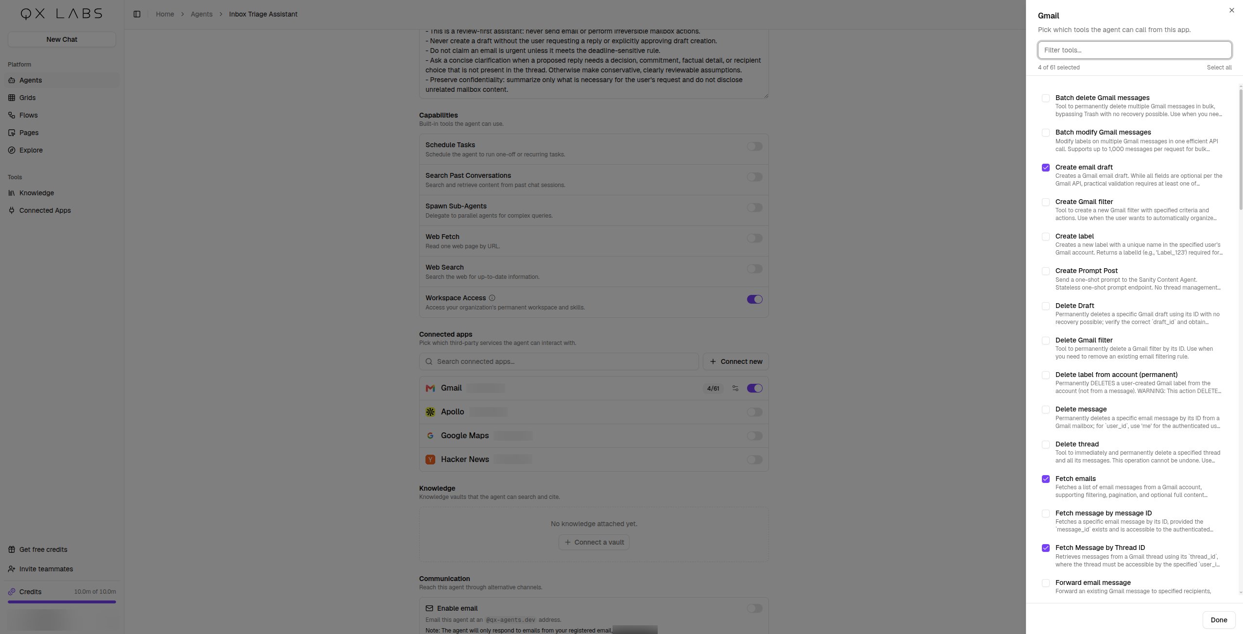 Adjusting an agent's app tools and knowledge scope in the editor
