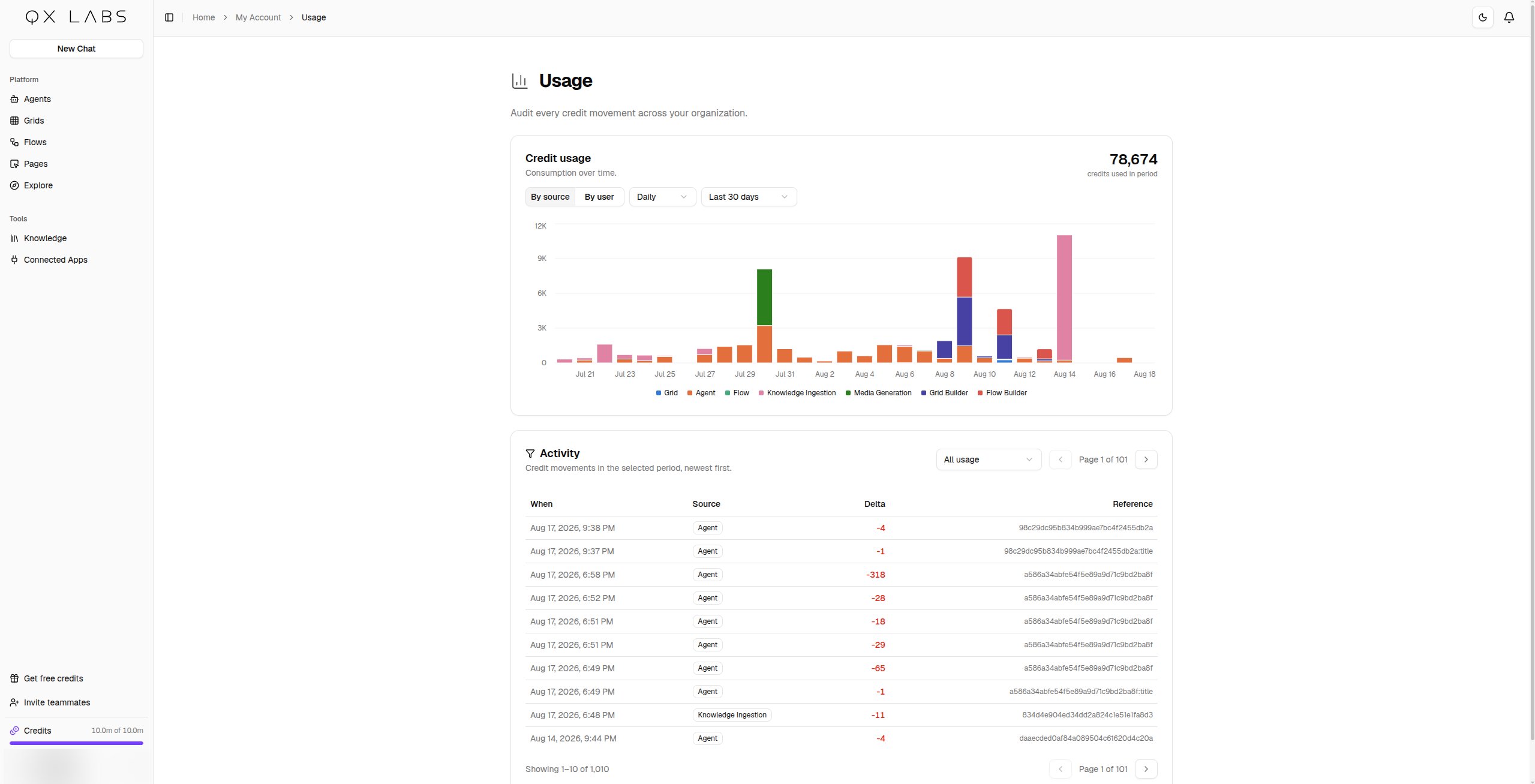 The Usage page with the credit usage chart and the activity list