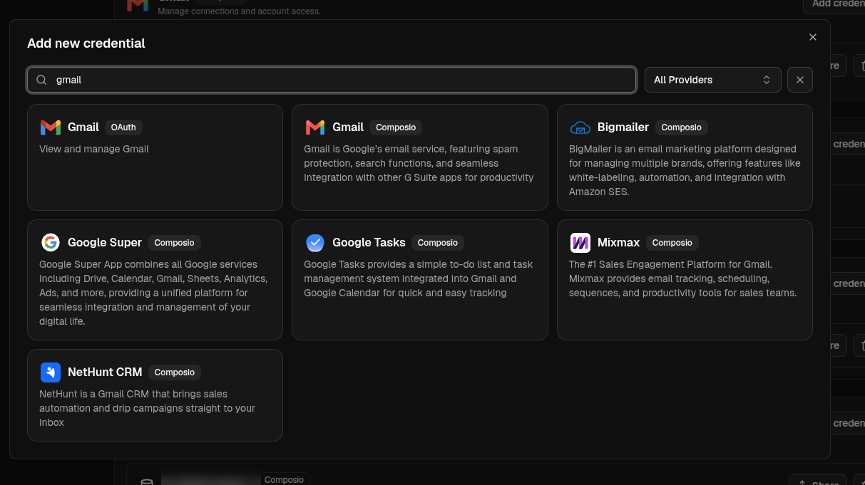 Searching for an app in the Add new credential picker