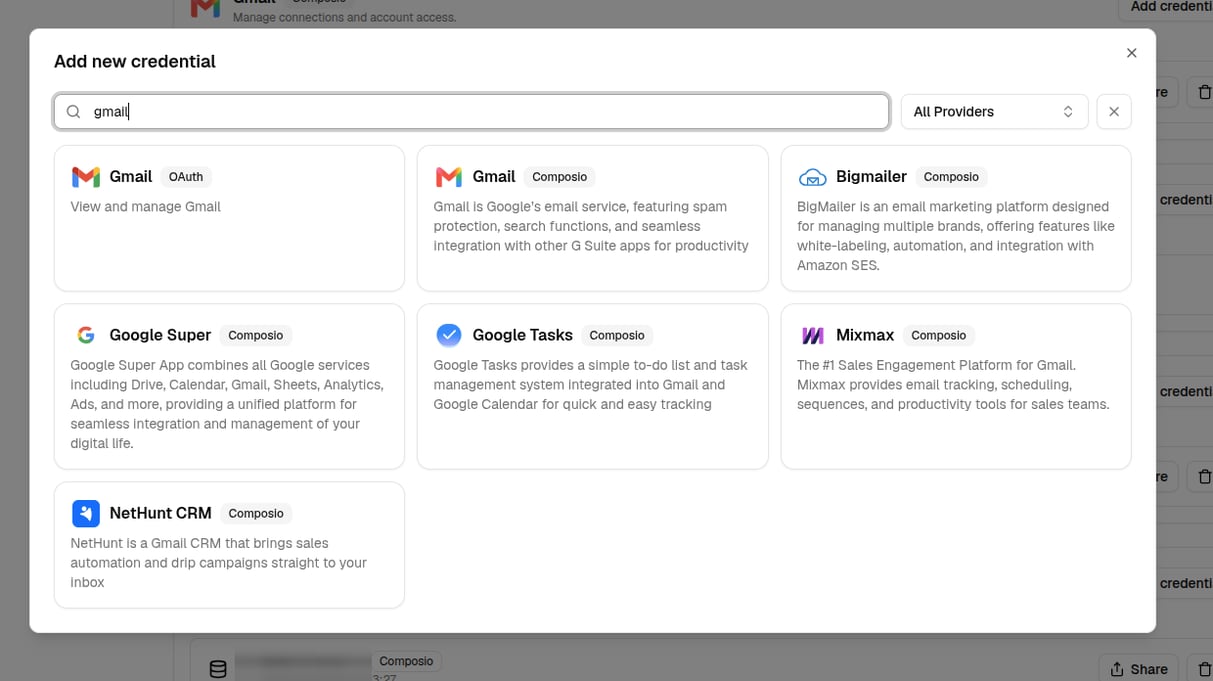 Searching for an app in the Add new credential picker