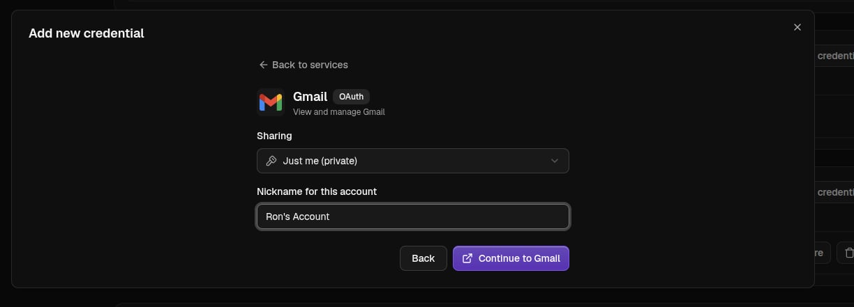 The connect form with the sharing setting and a nickname for the account
