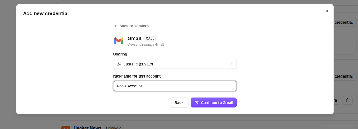 The connect form with the sharing setting and a nickname for the account