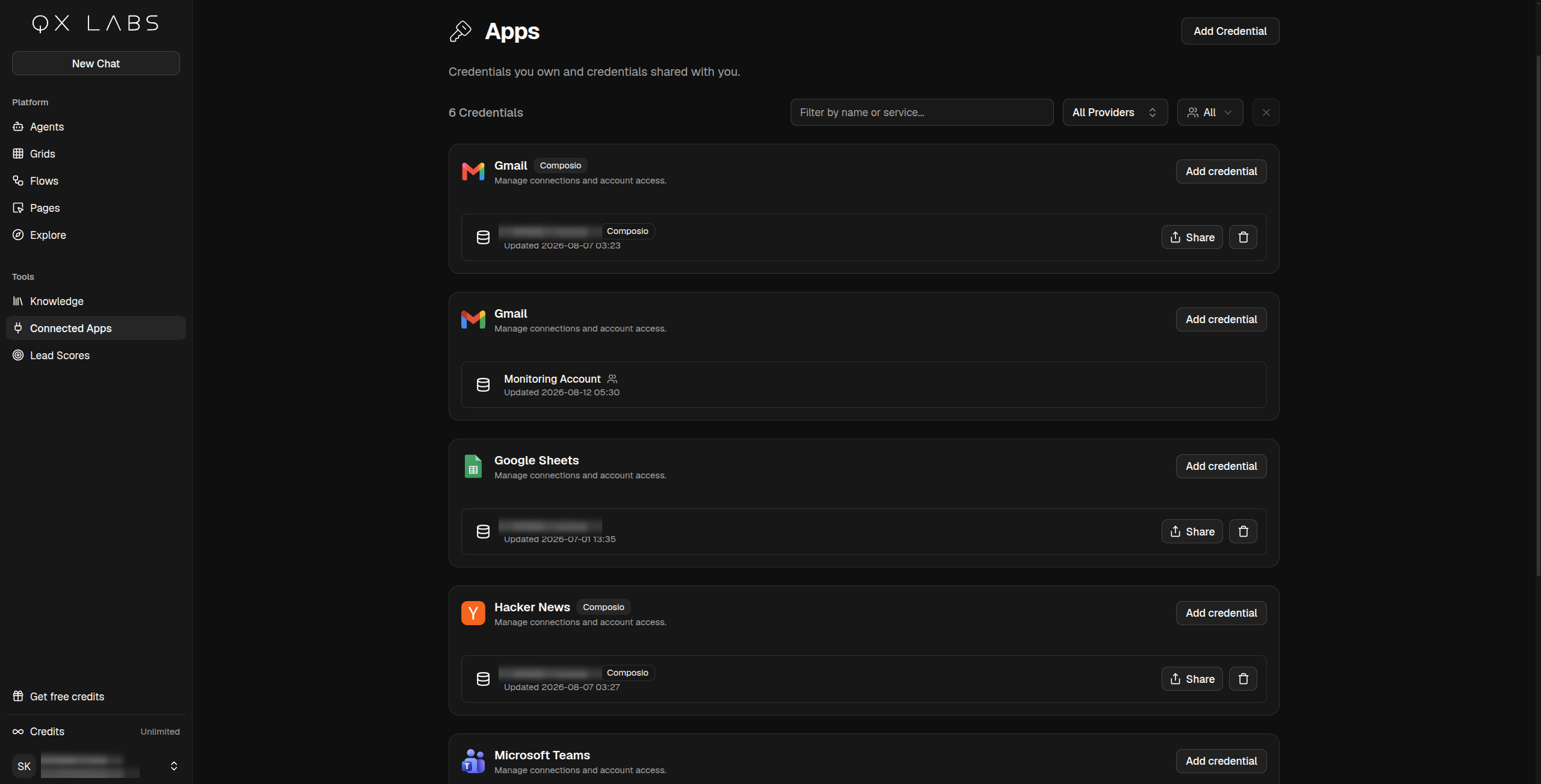 The Connected Apps page listing credentials grouped by app