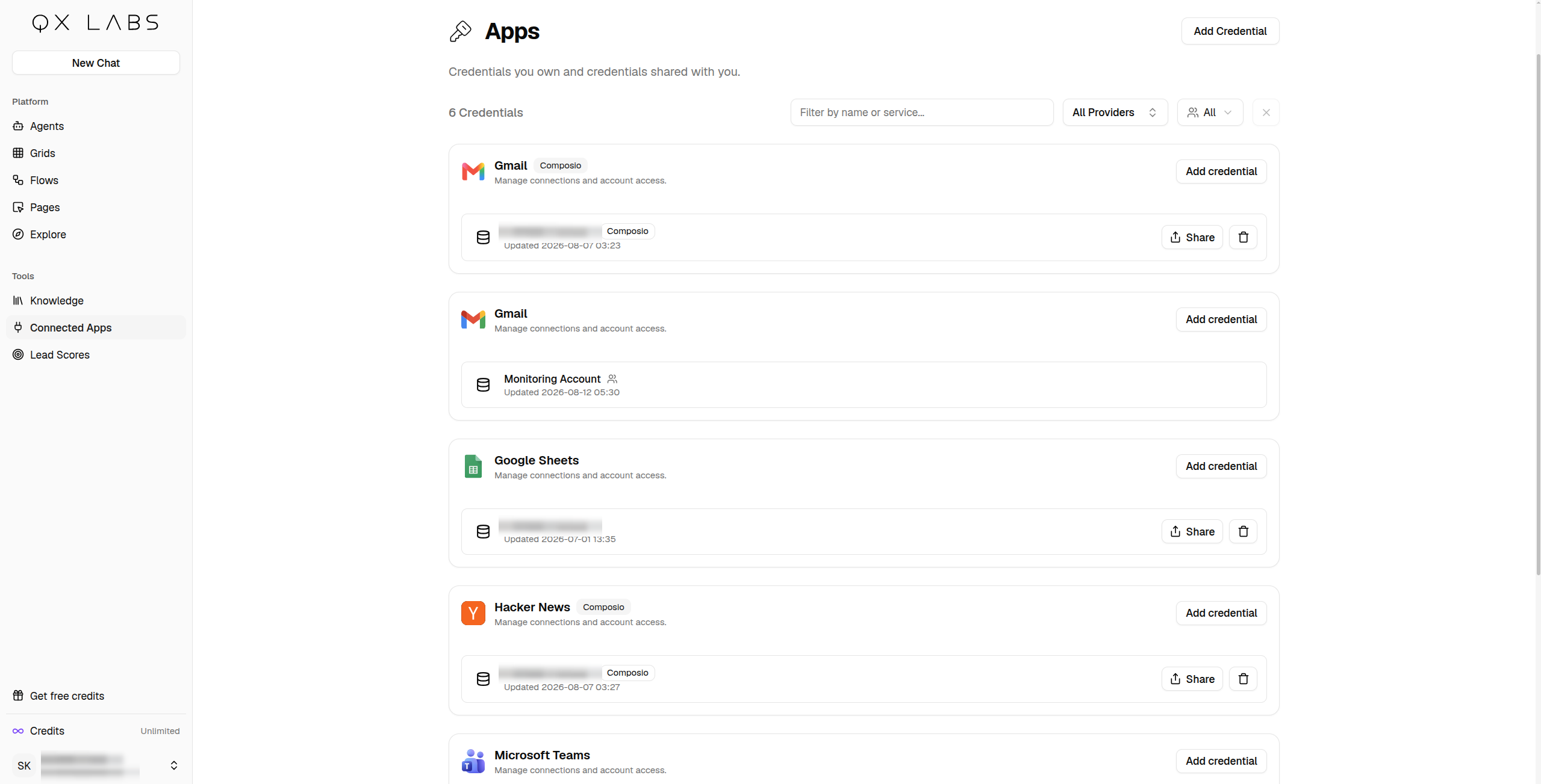The Connected Apps page listing credentials grouped by app