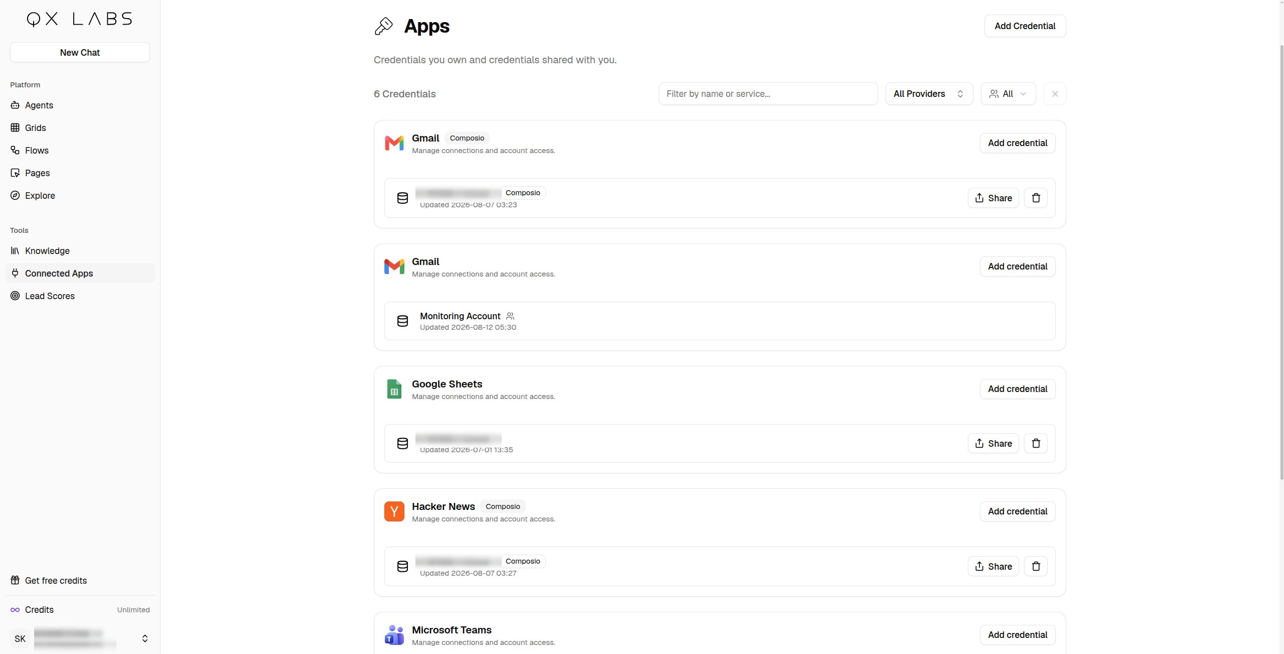 The Connected Apps page listing credentials grouped by app
