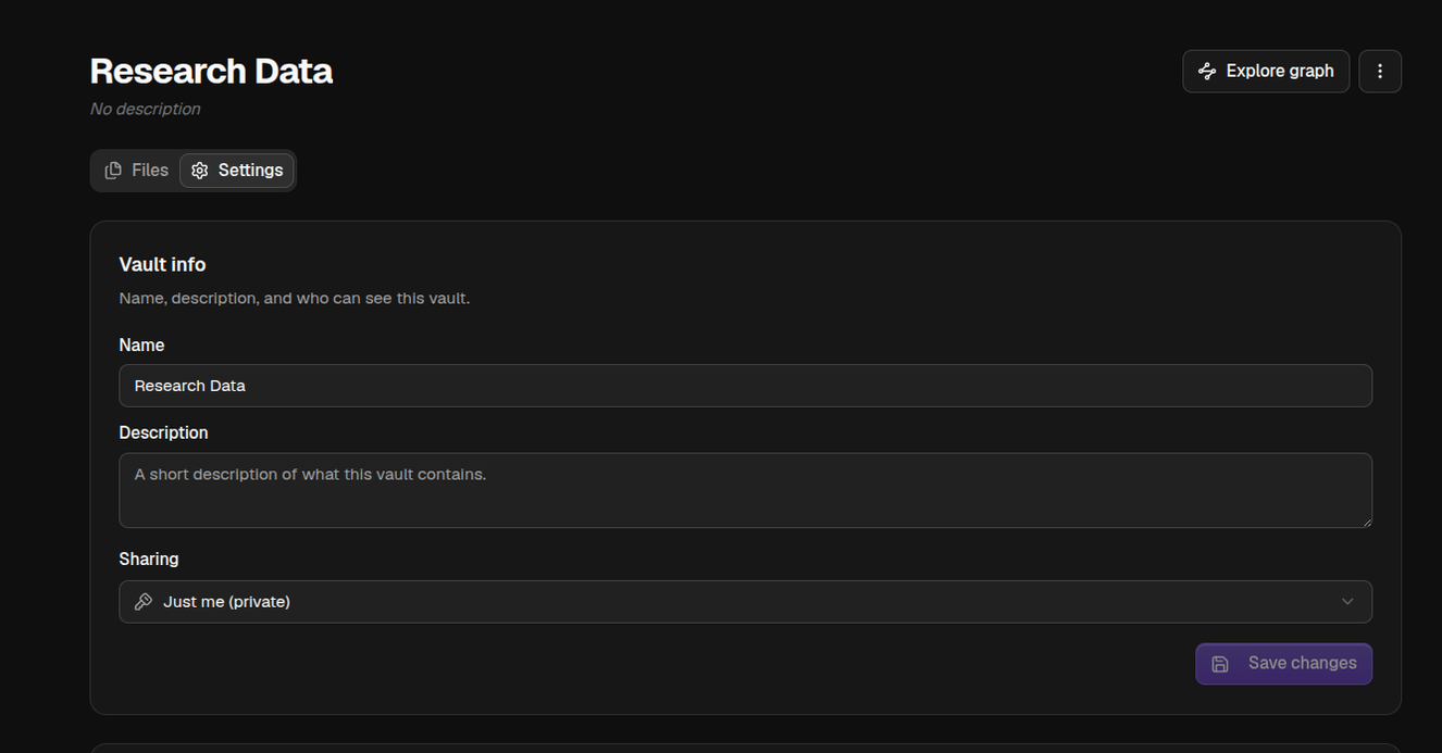 A vault's Settings tab with its name, description, and sharing