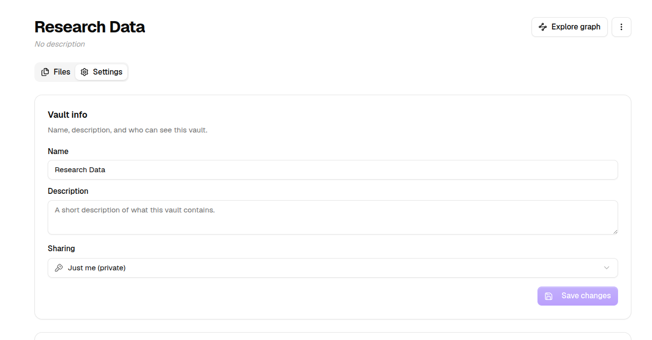 A vault's Settings tab with its name, description, and sharing