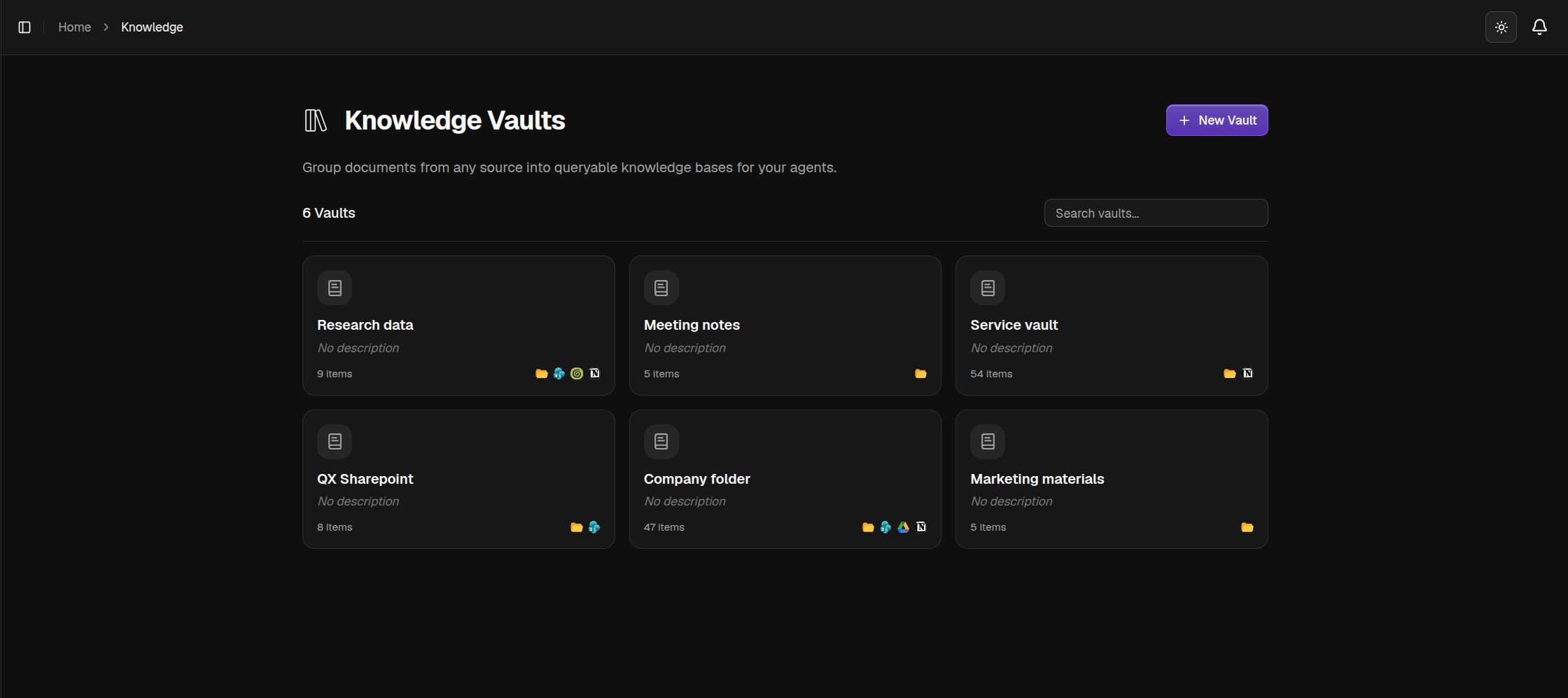 The Knowledge Vaults page with vault cards and the New Vault button
