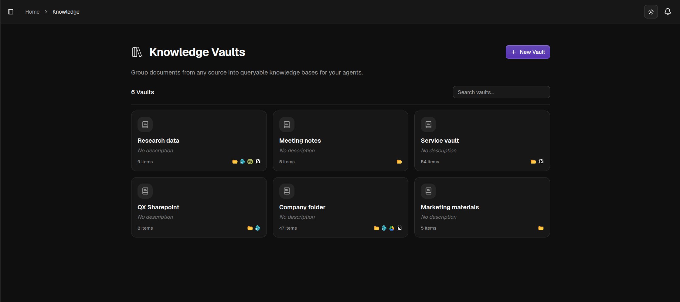 The Knowledge Vaults page with vault cards and the New Vault button