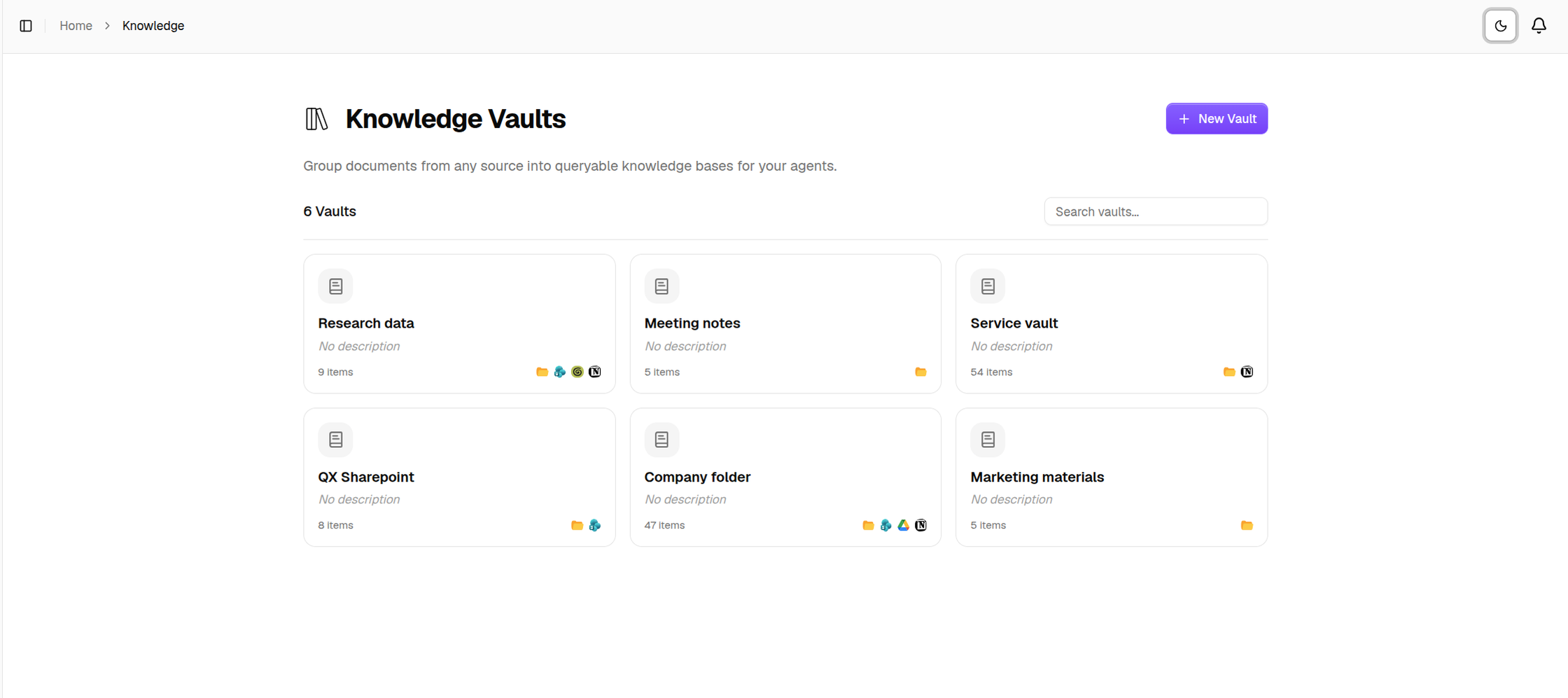 The Knowledge Vaults page with vault cards and the New Vault button
