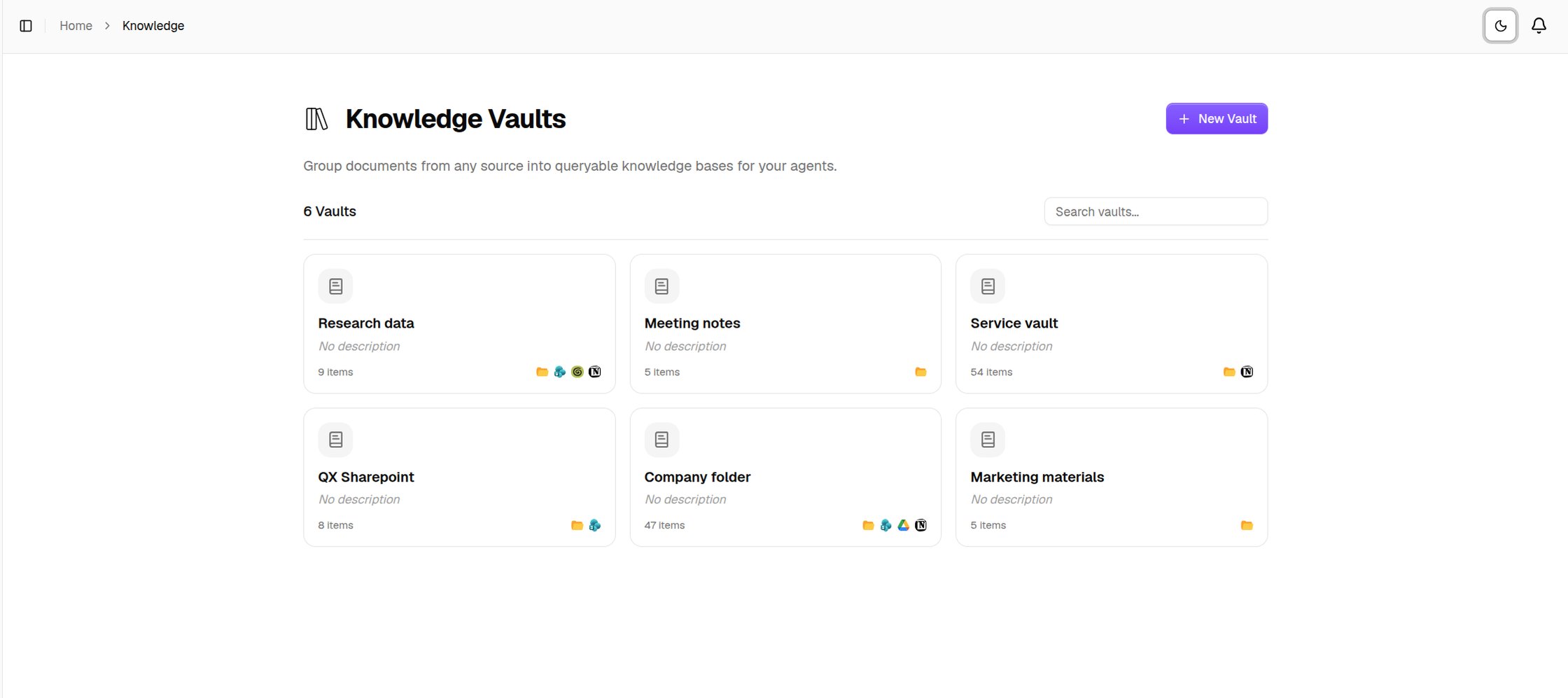 The Knowledge Vaults page with vault cards and the New Vault button