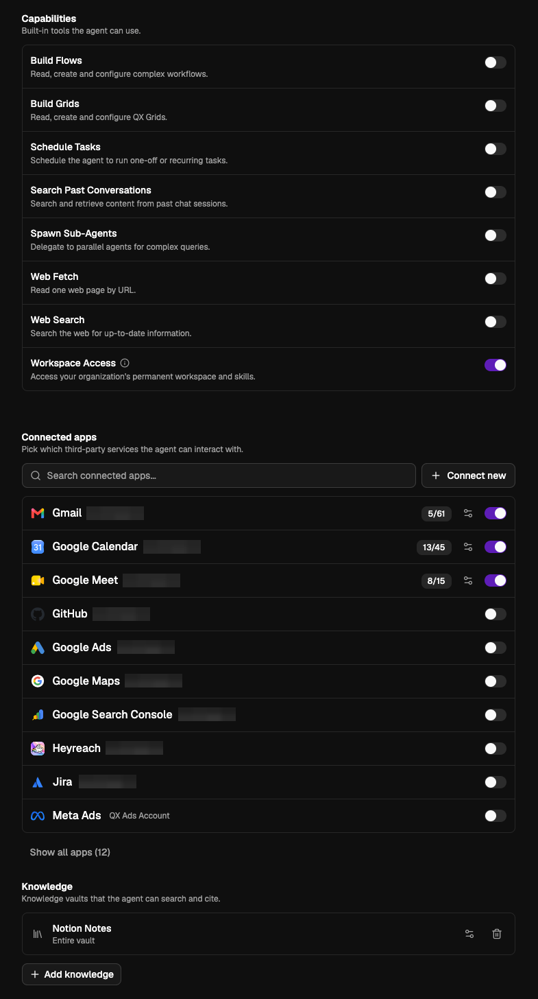 Agent editor showing capability toggles, connected apps, and knowledge vaults