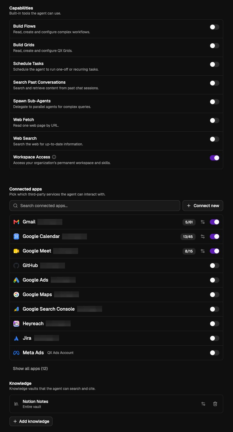 Agent editor showing capability toggles, connected apps, and knowledge vaults