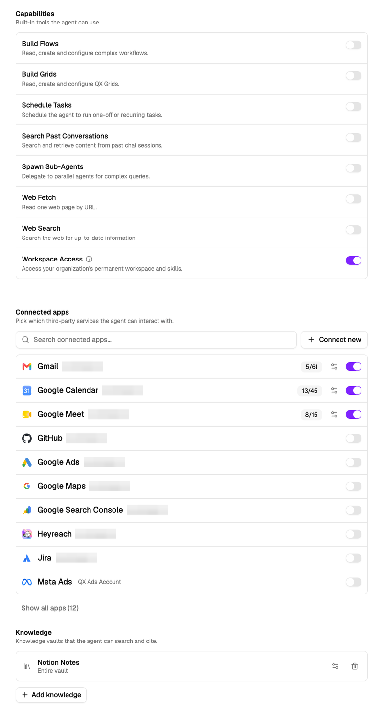 Agent editor showing capability toggles, connected apps, and knowledge vaults