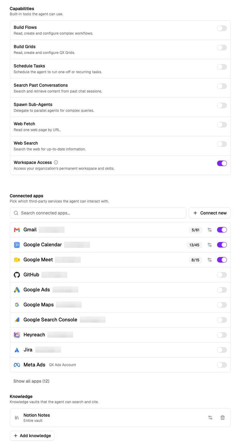 Agent editor showing capability toggles, connected apps, and knowledge vaults