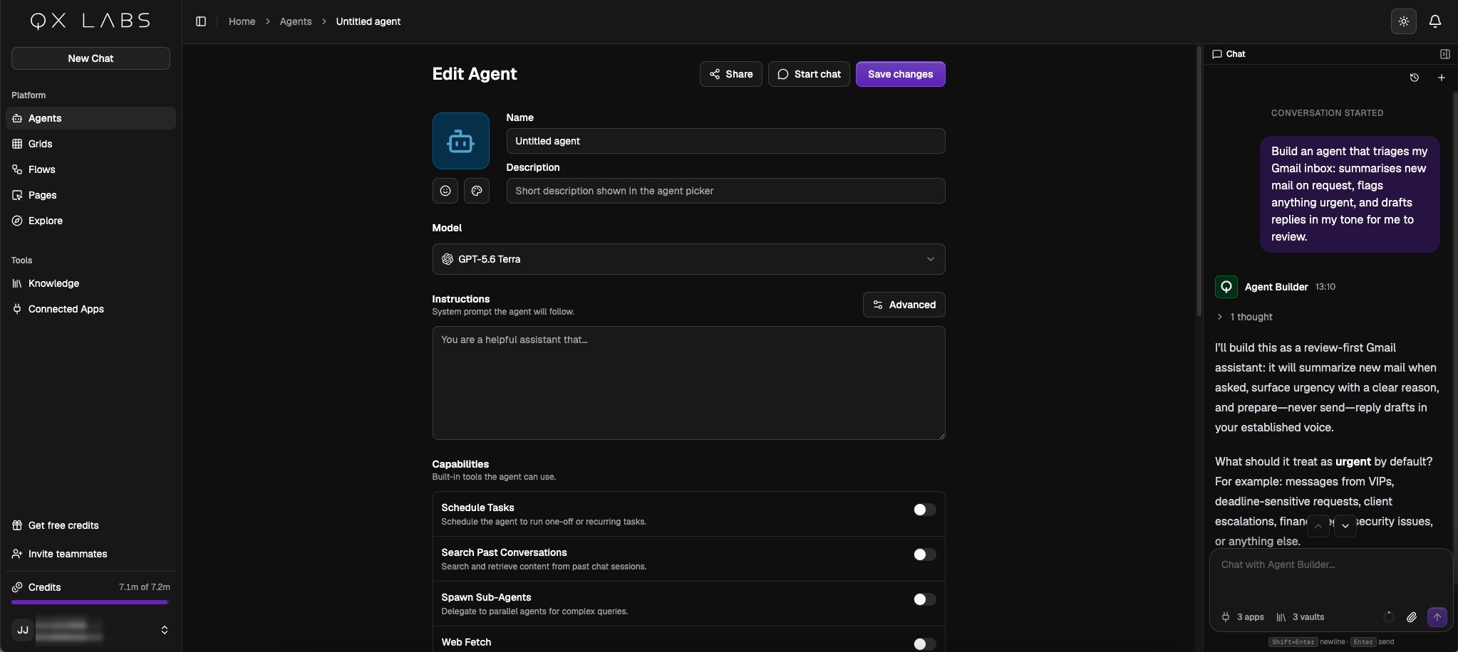 The agent editor's Chat sidebar proposing an approach and asking a tuning question