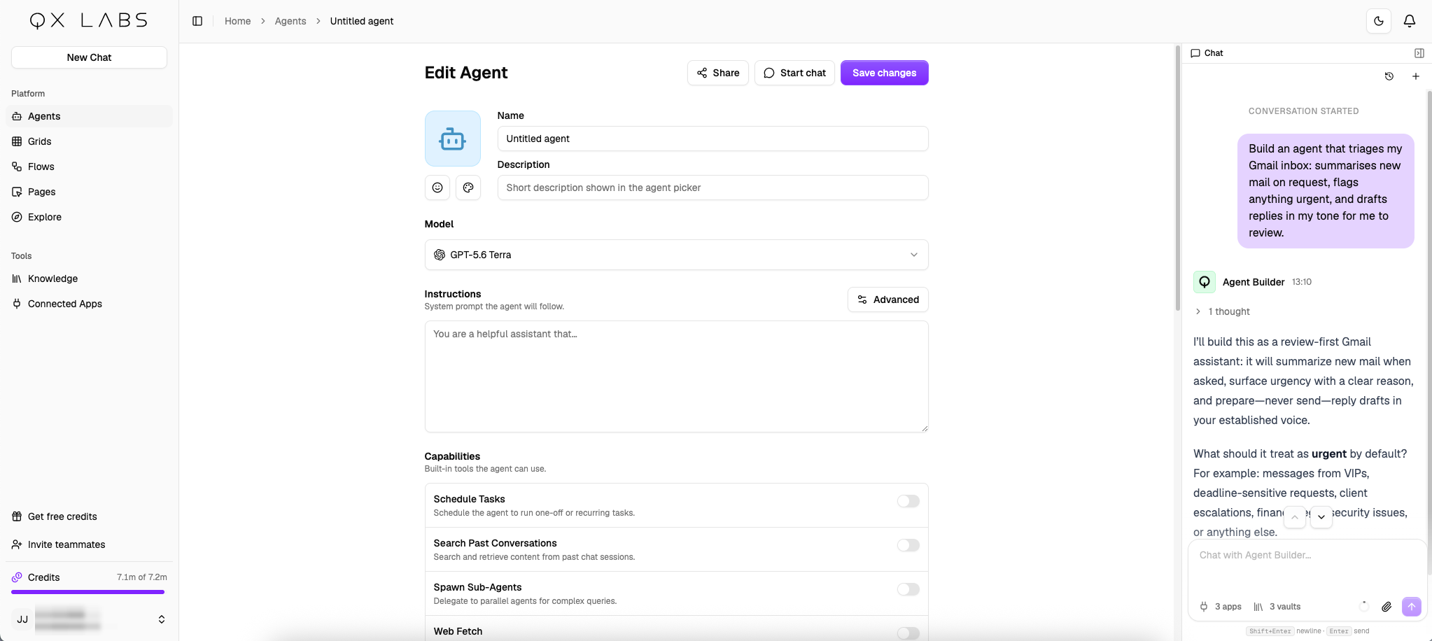 The agent editor's Chat sidebar proposing an approach and asking a tuning question