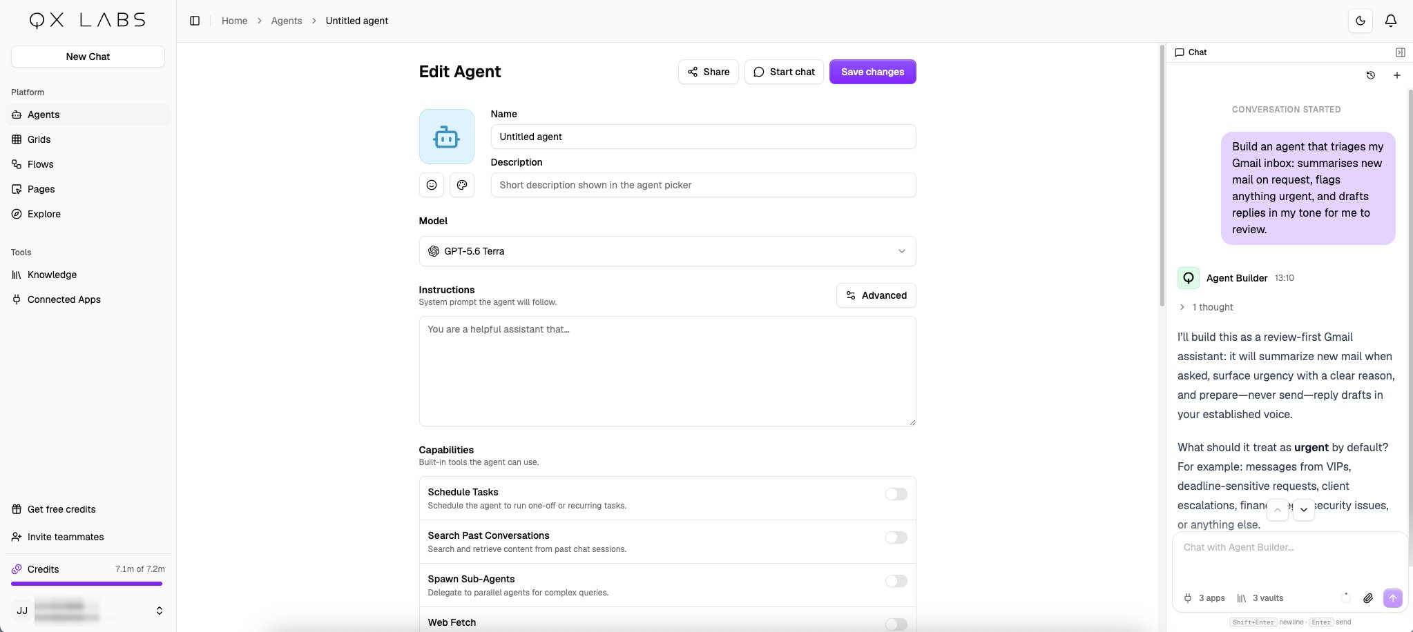The agent editor's Chat sidebar proposing an approach and asking a tuning question