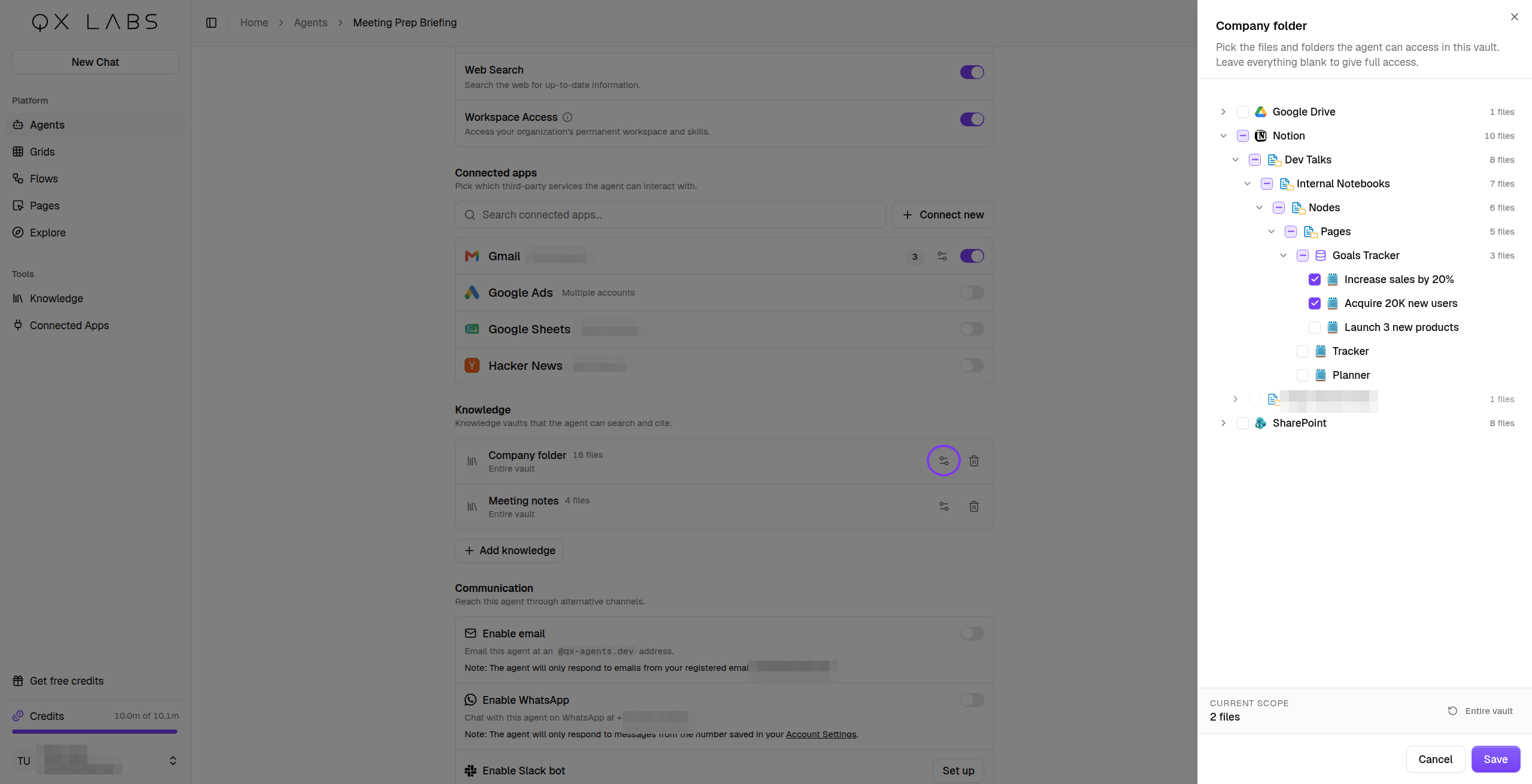 The vault scope picker with a folder and individual files ticked